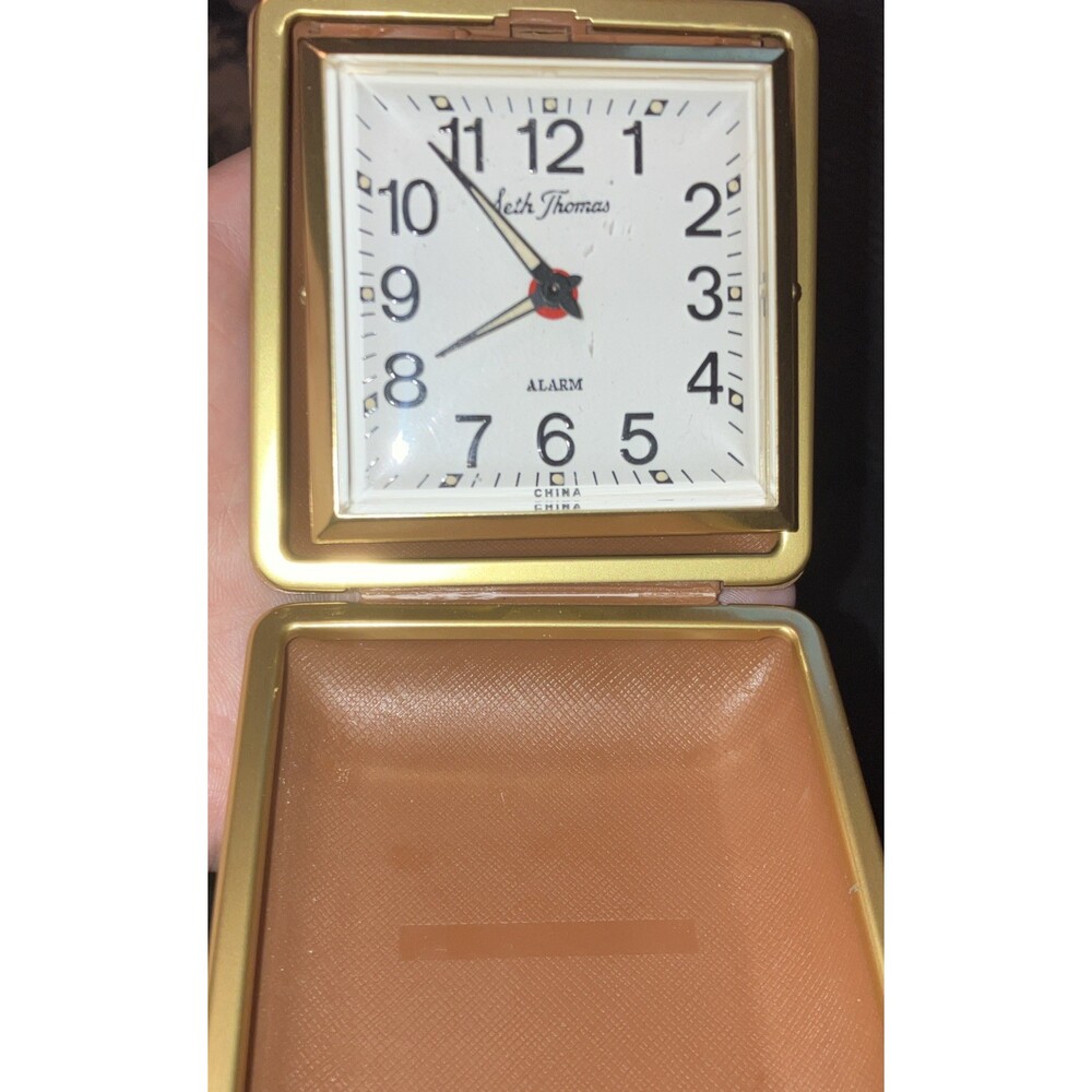 Seth Thomas Folding Wind Up Travel Alarm Clock Brown Clamshell Case WORKS CLEAN